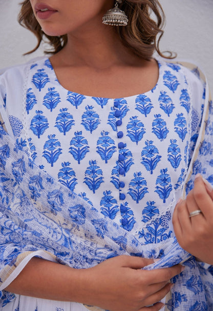 White Blue Hand Block Printed Anarkali kurta Set - Tara - C - Tara