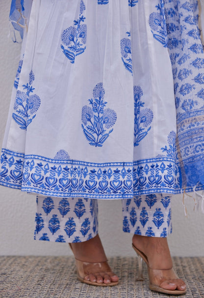 White Blue Hand Block Printed Anarkali kurta Set - Tara - C - Tara