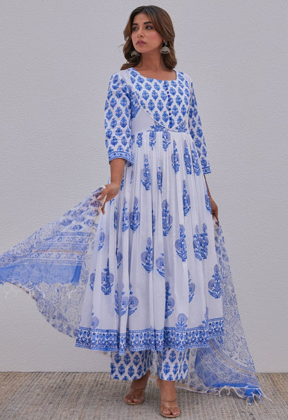 White Blue Hand Block Printed Anarkali kurta Set - Tara - C - Tara