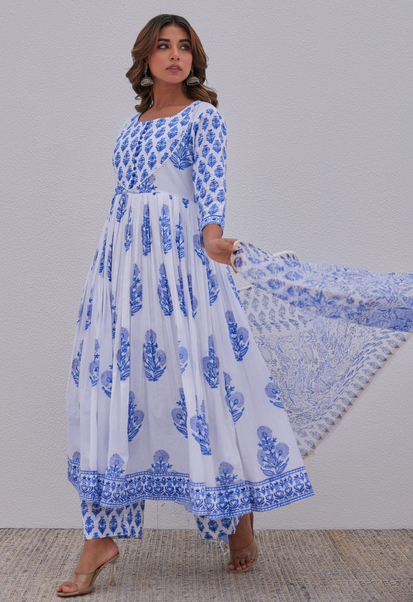 White Blue Hand Block Printed Anarkali kurta Set - Tara - C - Tara