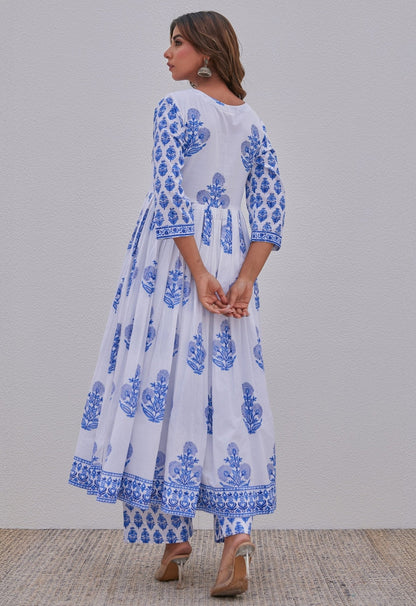 White Blue Hand Block Printed Anarkali kurta Set - Tara - C - Tara