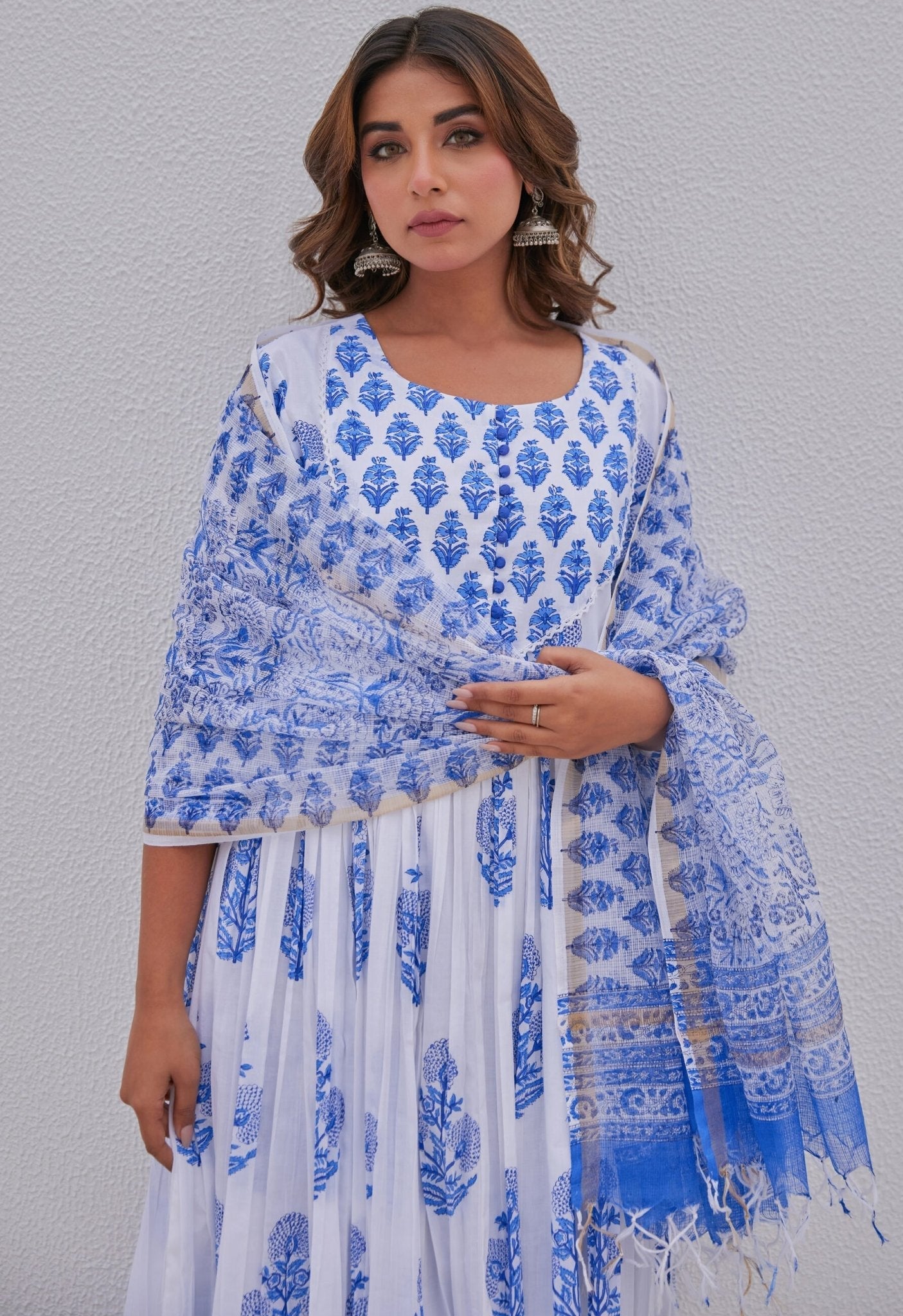 White Blue Hand Block Printed Anarkali kurta Set - Tara - C - Tara