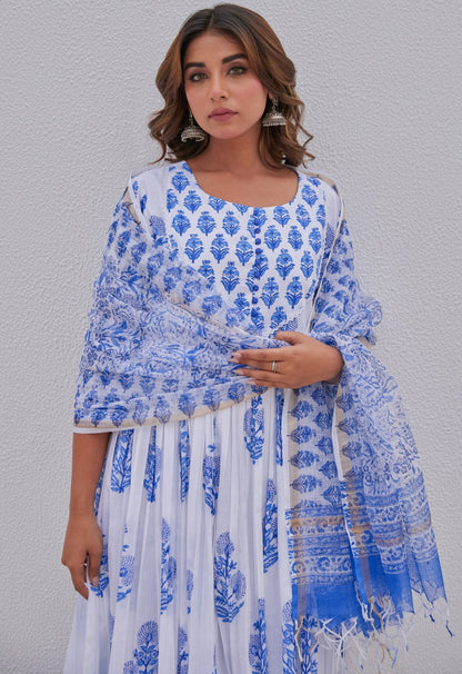 White Blue Hand Block Printed Anarkali kurta Set - Tara - C - Tara