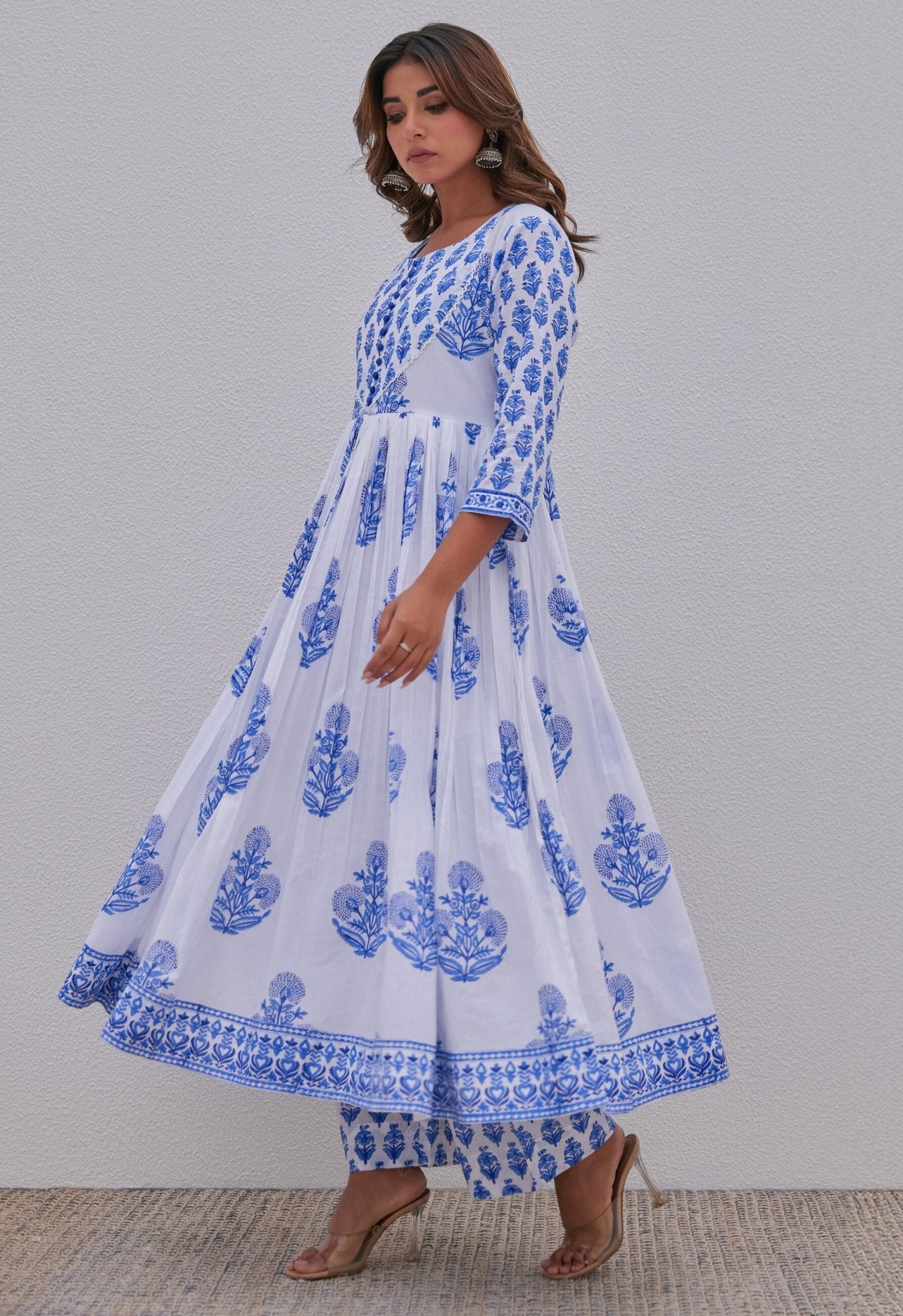White Blue Hand Block Printed Anarkali kurta Set - Tara - C - Tara