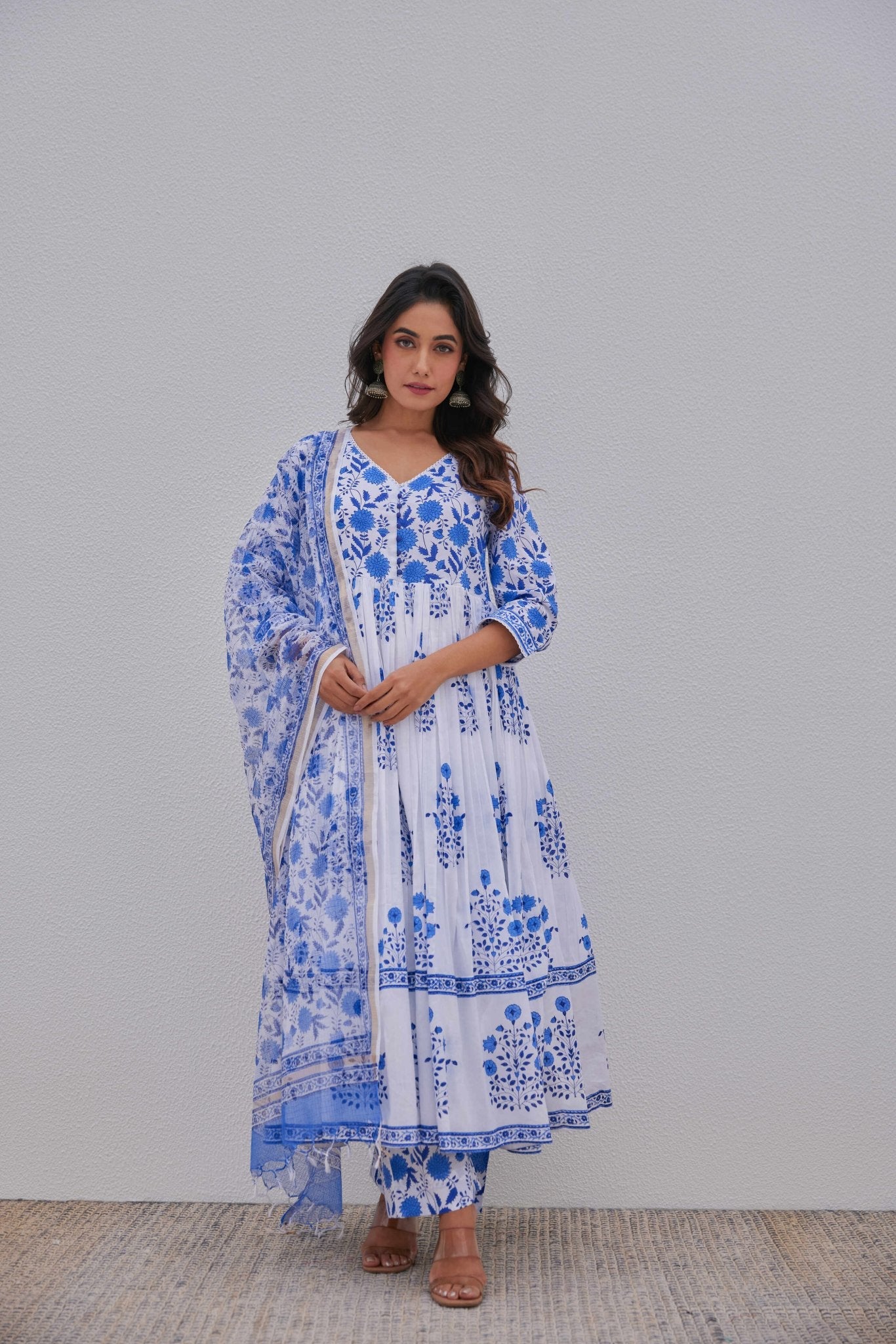 White Blue Hand Block Printed Anarkali Set - Tara - C - Tara