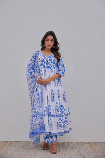 White Blue Hand Block Printed Anarkali Set - Tara - C - Tara