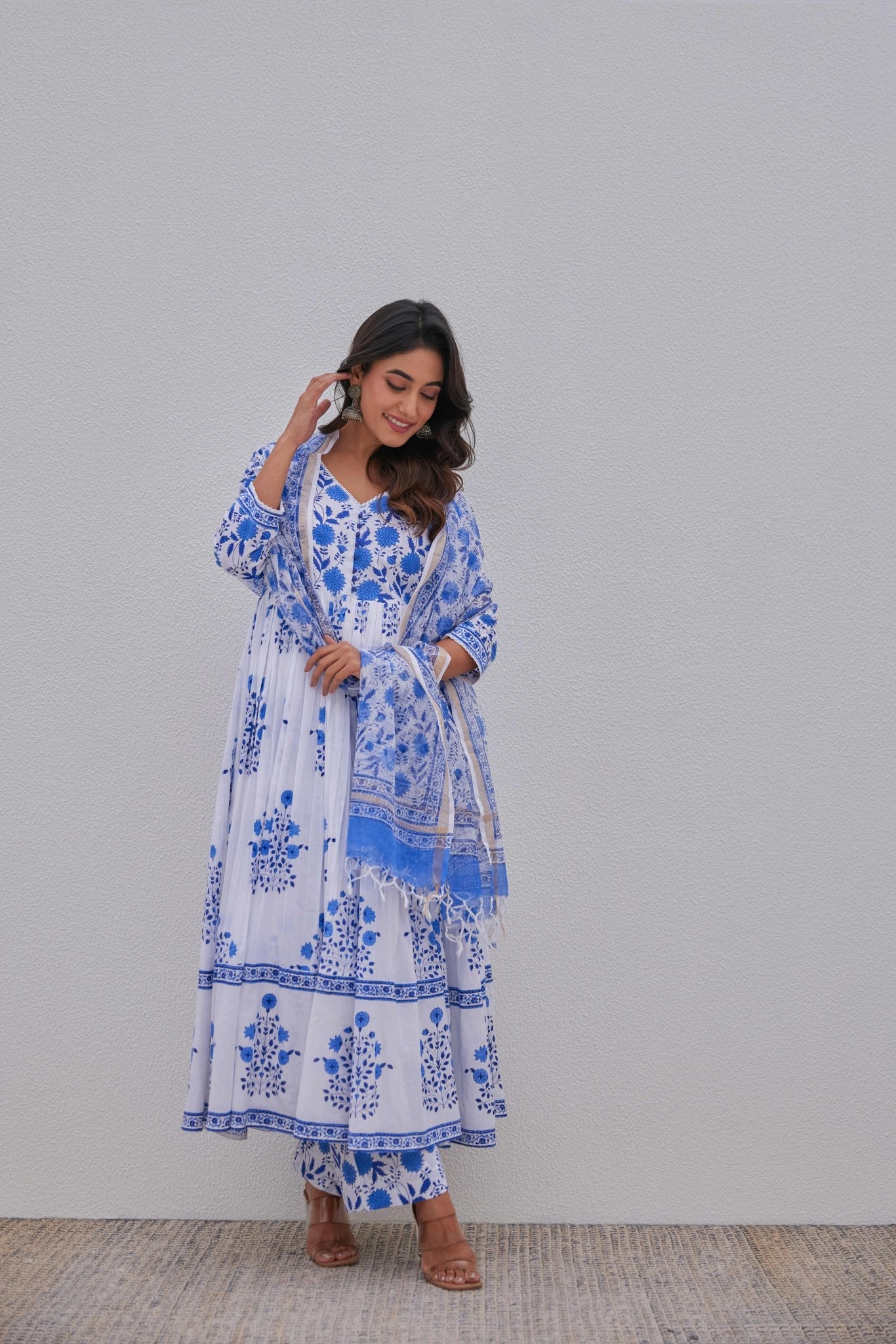 White Blue Hand Block Printed Anarkali Set - Tara - C - Tara