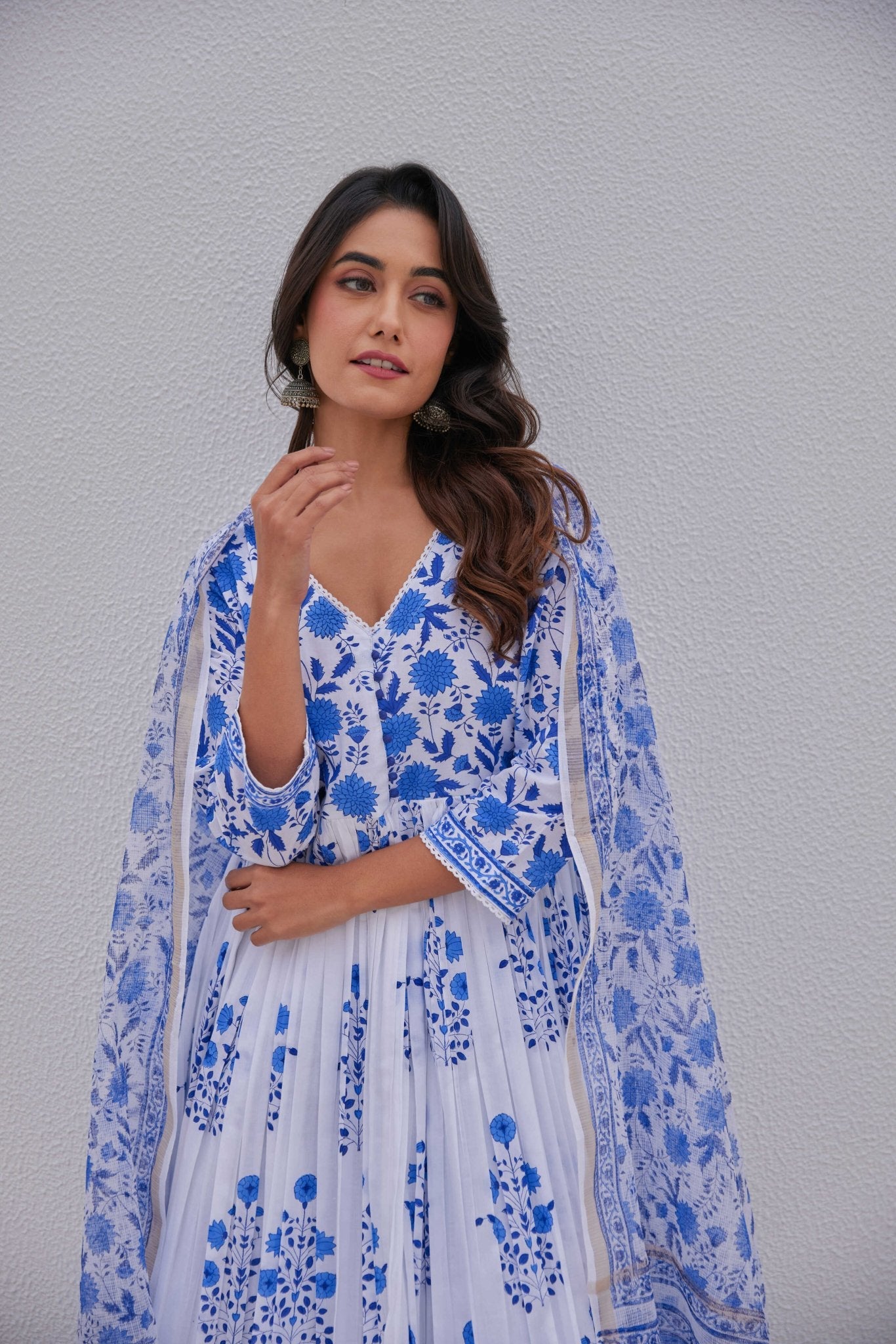 White Blue Hand Block Printed Anarkali Set - Tara - C - Tara