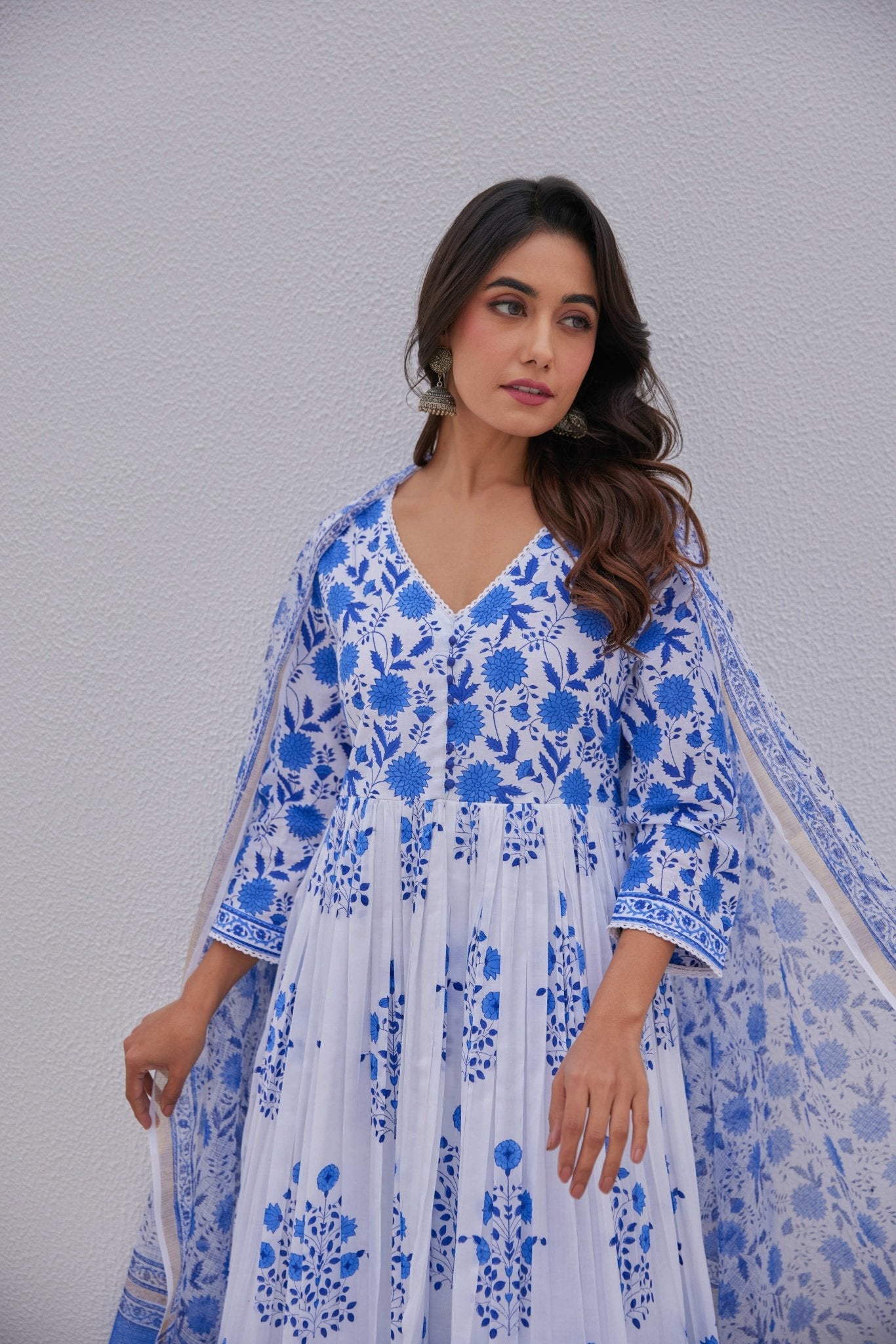 White Blue Hand Block Printed Anarkali Set - Tara - C - Tara