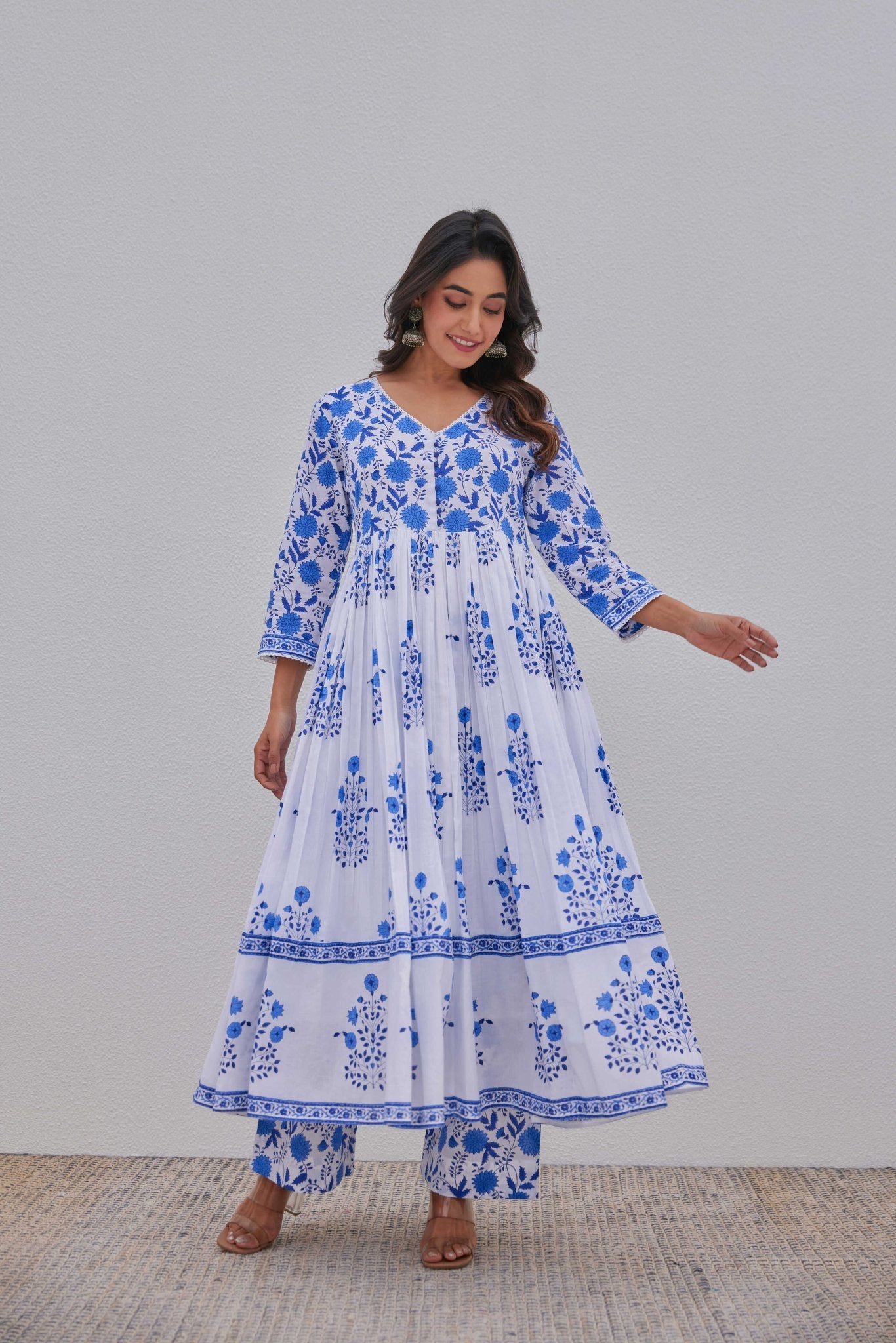White Blue Hand Block Printed Anarkali Set - Tara - C - Tara