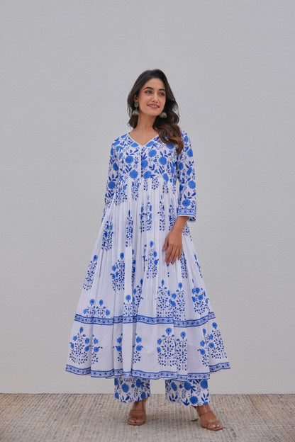 White Blue Hand Block Printed Anarkali Set - Tara - C - Tara