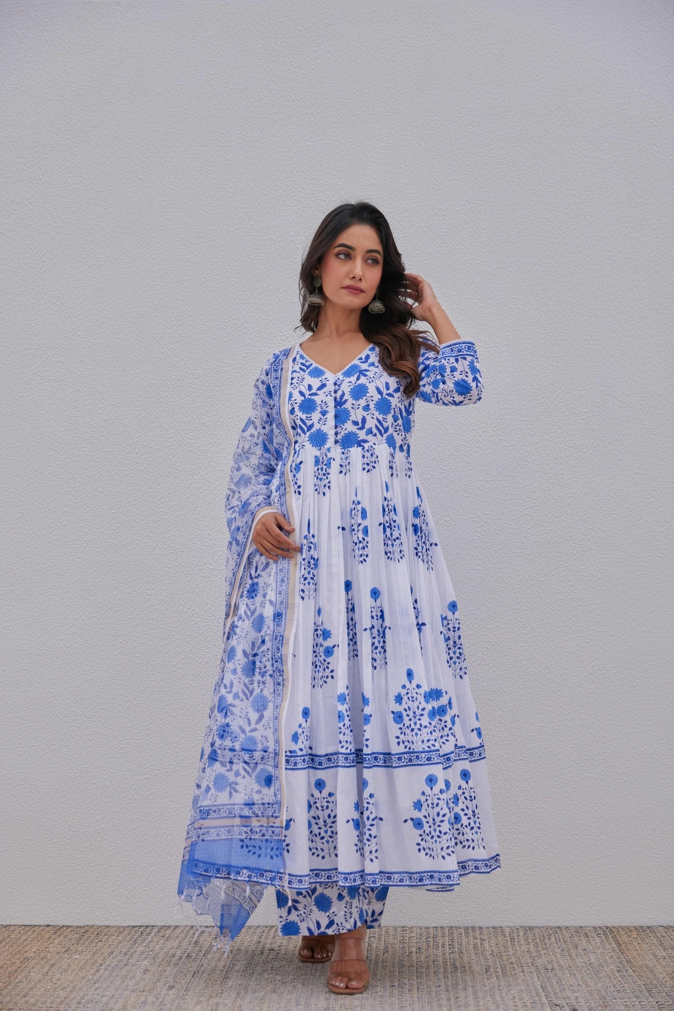White Blue Hand Block Printed Anarkali Set - Tara - C - Tara