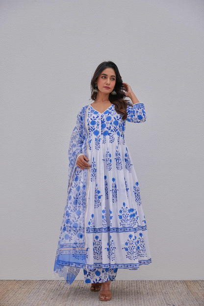 White Blue Hand Block Printed Anarkali Set - Tara - C - Tara