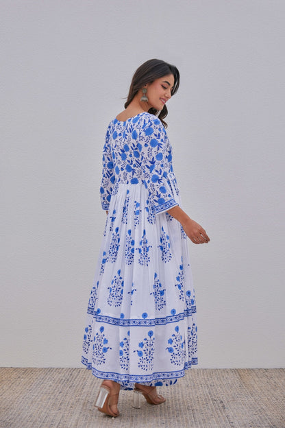 White Blue Hand Block Printed Anarkali Set - Tara - C - Tara