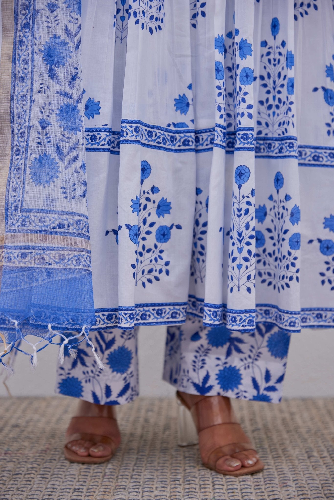 White Blue Hand Block Printed Anarkali Set - Tara - C - Tara