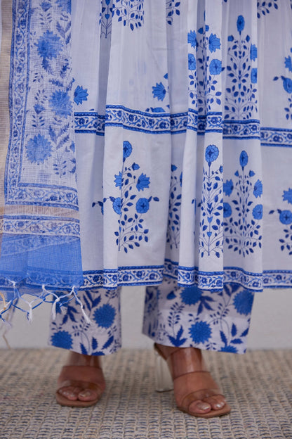 White Blue Hand Block Printed Anarkali Set - Tara - C - Tara