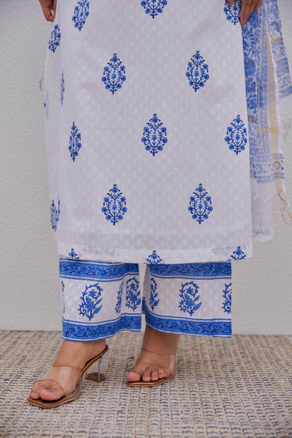 White Blue Hand Block Printed Kurta Set - Tara - C - Tara