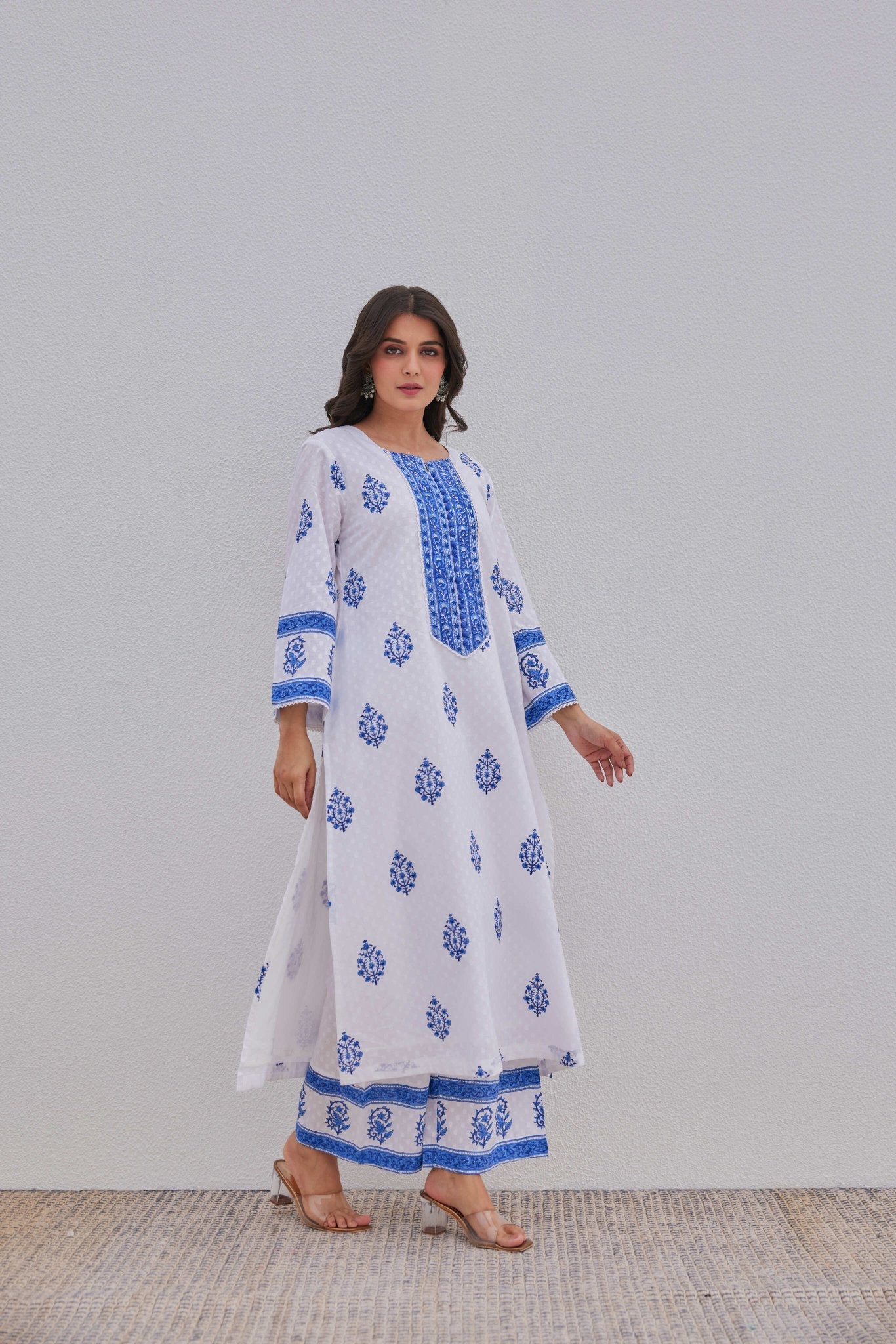 White Blue Hand Block Printed Kurta Set - Tara - C - Tara