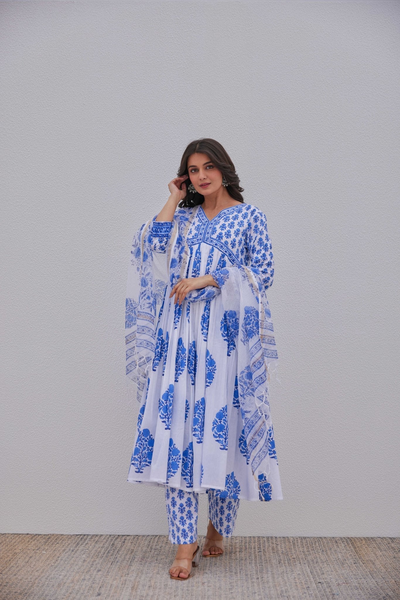 White Blue Hand Block Printed Kurta Set - Tara - C - Tara