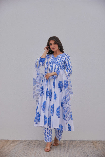 White Blue Hand Block Printed Kurta Set - Tara - C - Tara