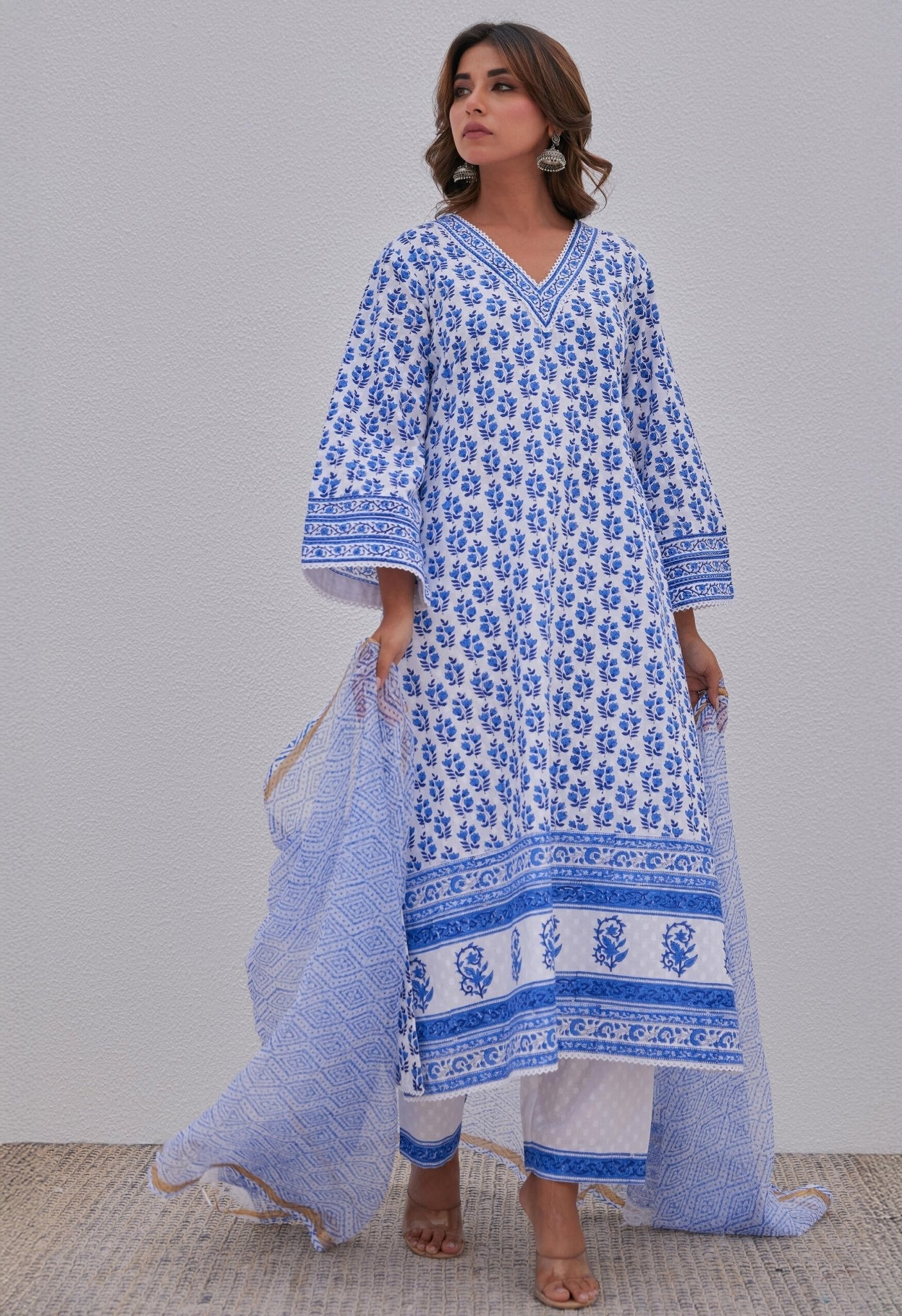 White Blue Hand Block Printed Kurta Set - Tara - C - Tara