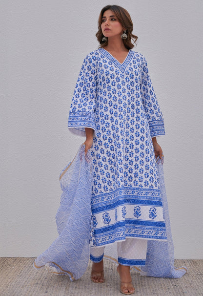 White Blue Hand Block Printed Kurta Set - Tara - C - Tara