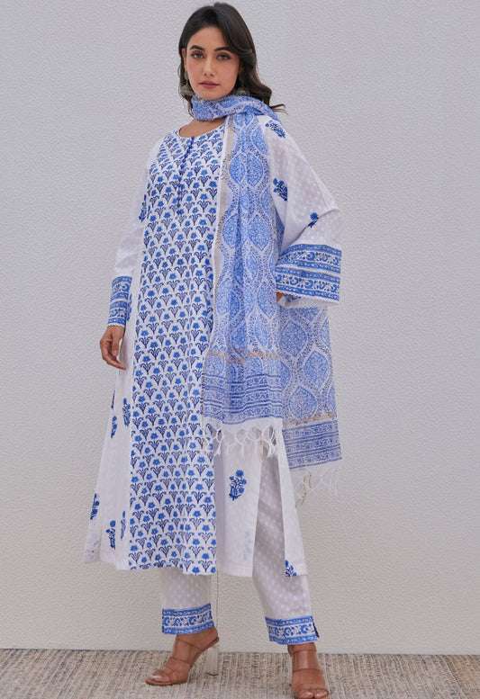 White Blue Hand Block Printed Kurta Set - Tara - C - Tara