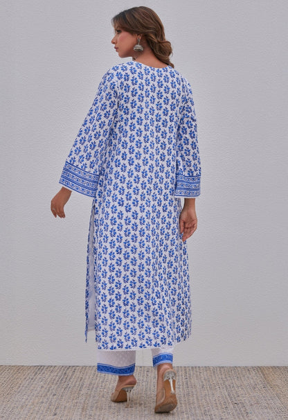 White Blue Hand Block Printed Kurta Set - Tara - C - Tara