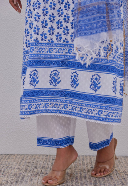 White Blue Hand Block Printed Kurta Set - Tara - C - Tara