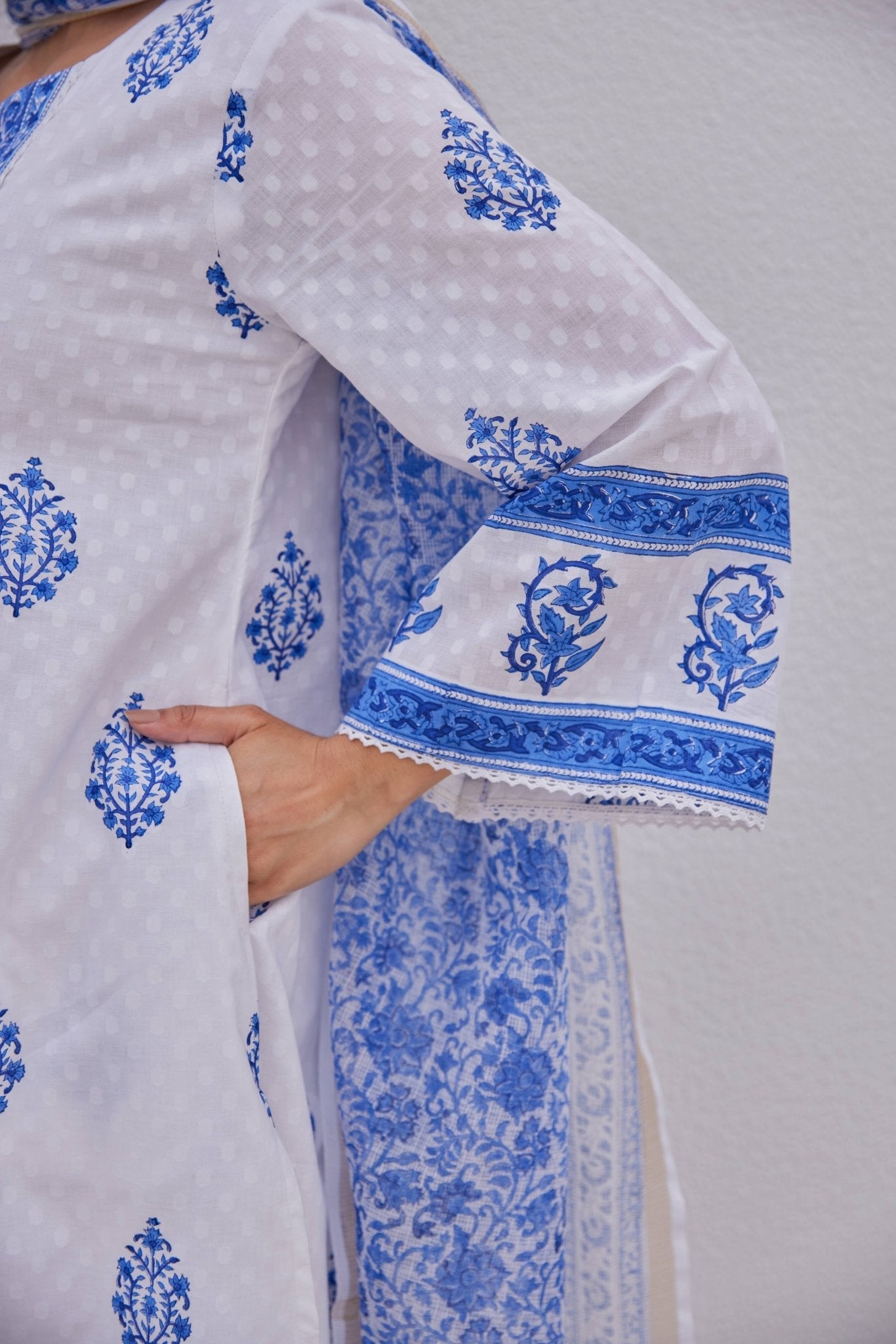 White Blue Hand Block Printed Kurta Set - Tara - C - Tara