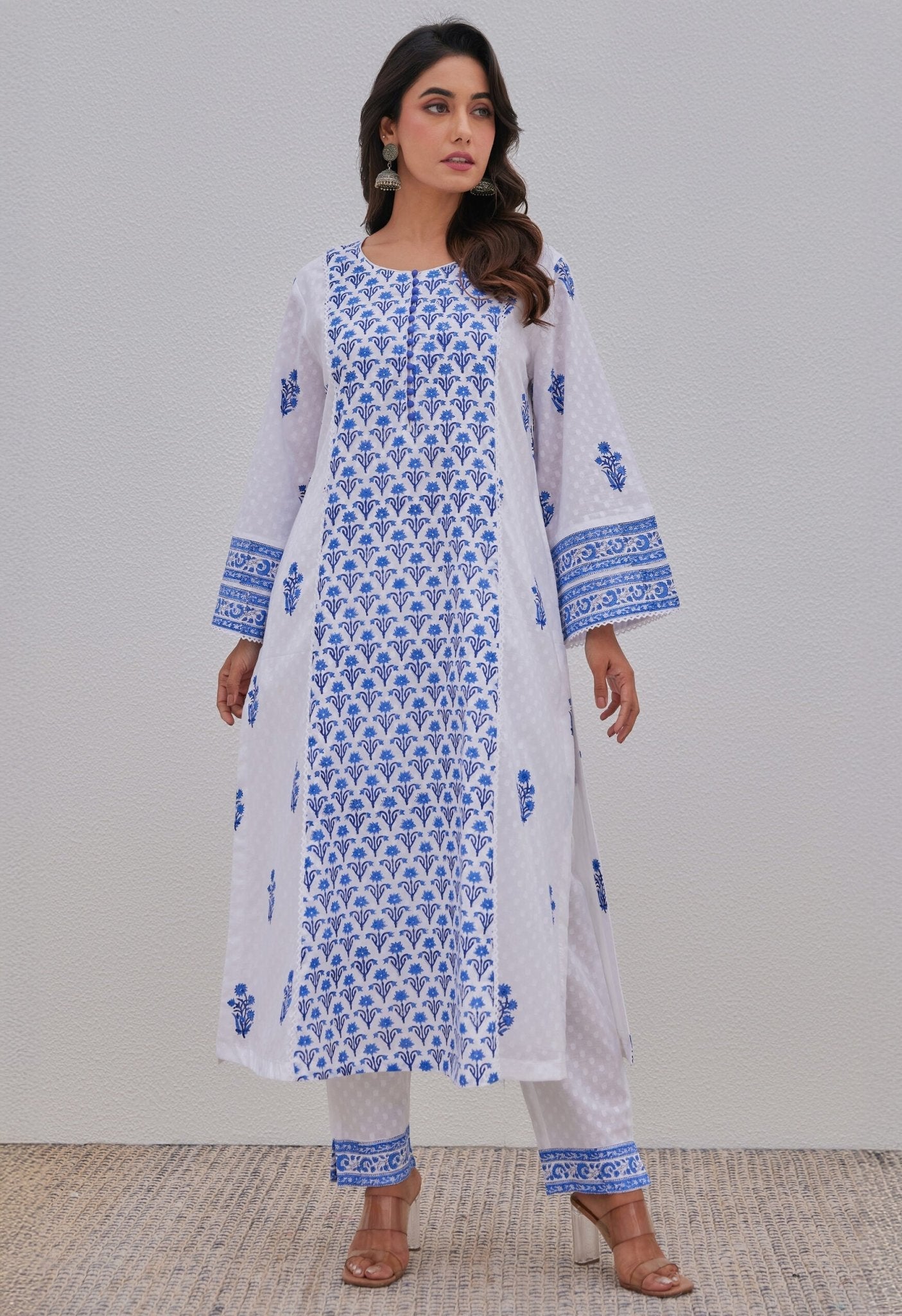 White Blue Hand Block Printed Kurta Set - Tara - C - Tara