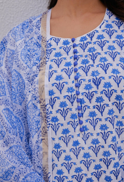 White Blue Hand Block Printed Kurta Set - Tara - C - Tara
