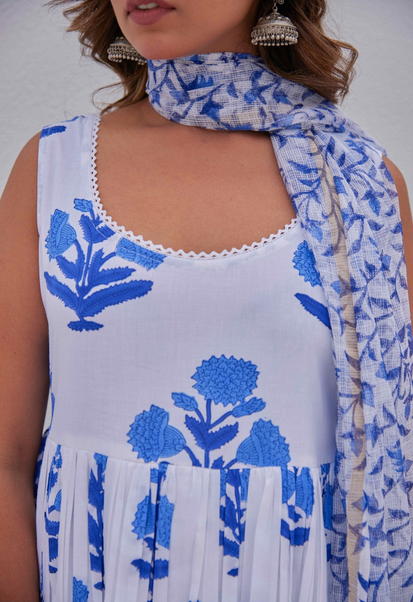 White Blue Hand Block Printed Kurta Set - Tara - C - Tara