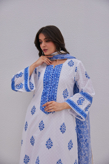 White Blue Hand Block Printed Kurta Set - Tara - C - Tara