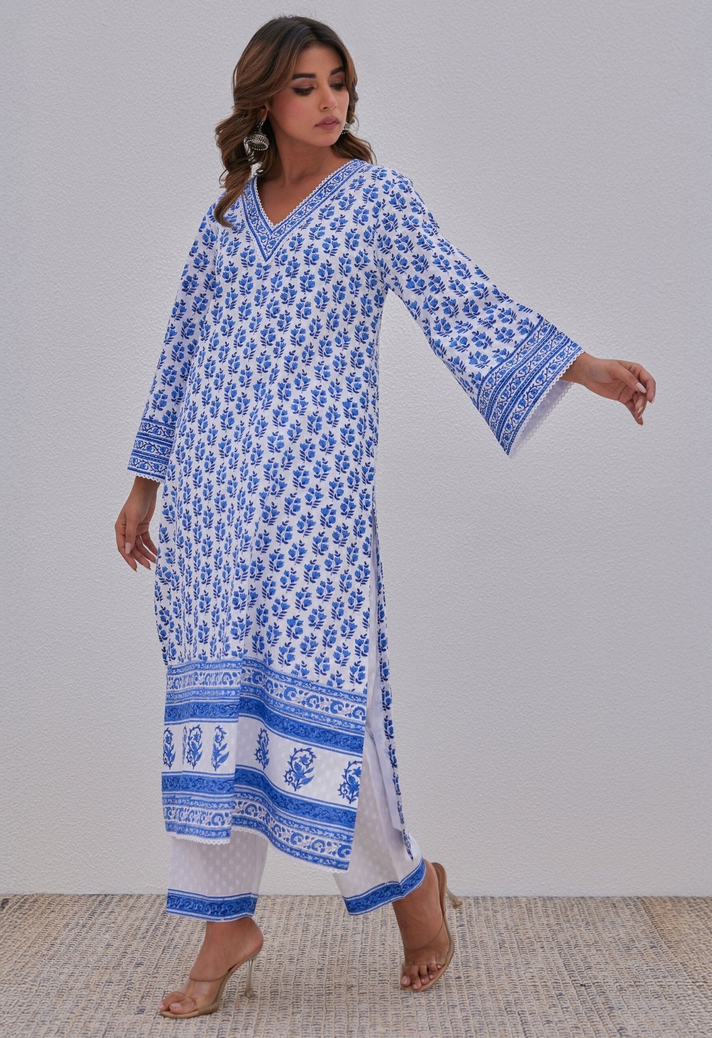 White Blue Hand Block Printed Kurta Set - Tara - C - Tara