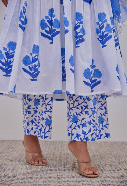 White Blue Hand Block Printed Kurta Set - Tara - C - Tara