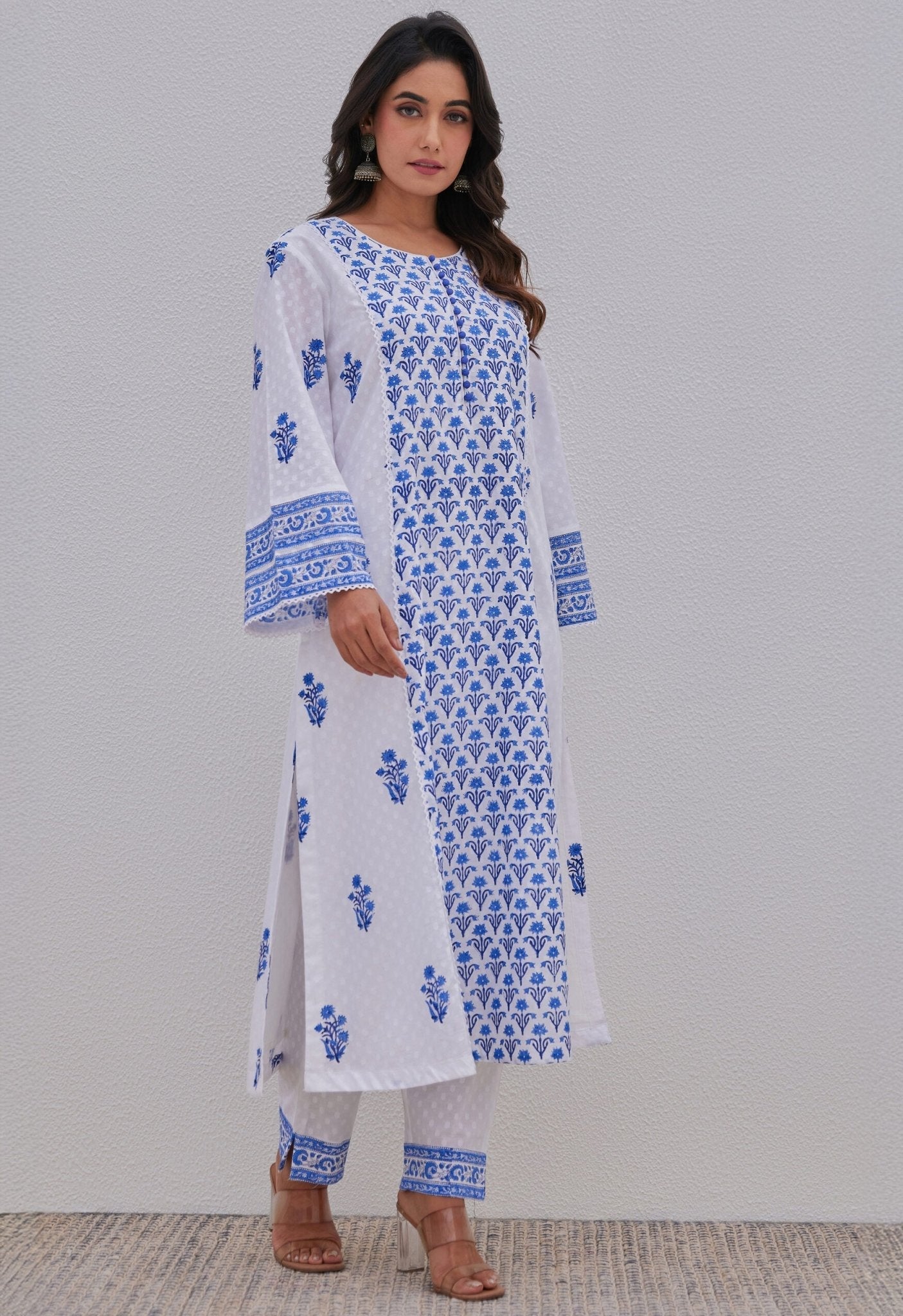White Blue Hand Block Printed Kurta Set - Tara - C - Tara