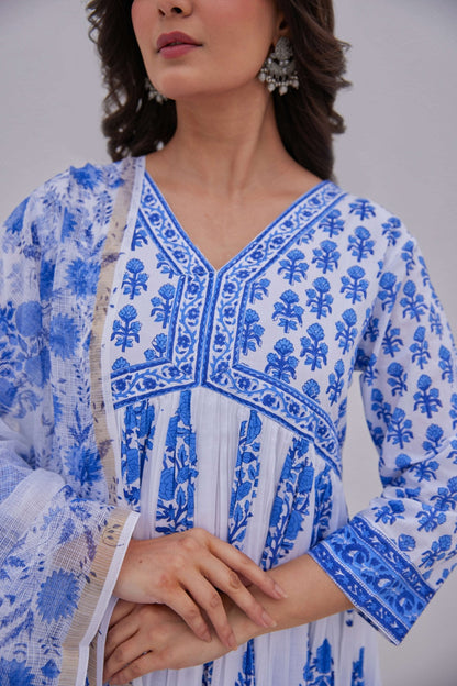 White Blue Hand Block Printed Kurta Set - Tara - C - Tara