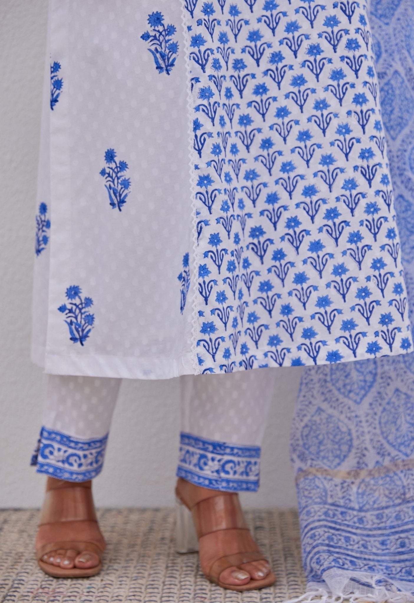 White Blue Hand Block Printed Kurta Set - Tara - C - Tara
