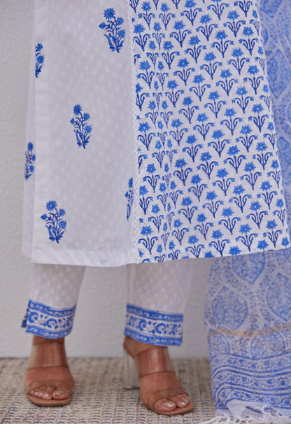 White Blue Hand Block Printed Kurta Set - Tara - C - Tara