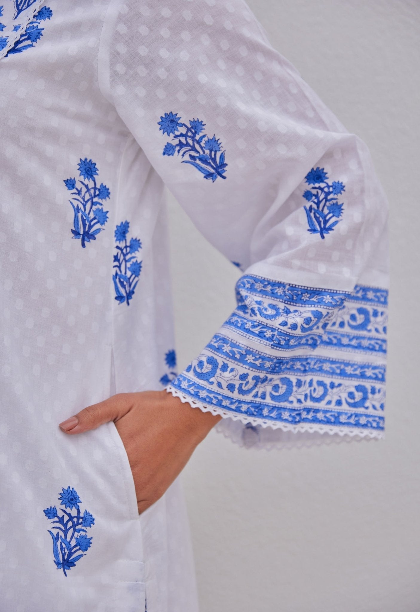 White Blue Hand Block Printed Kurta Set - Tara - C - Tara