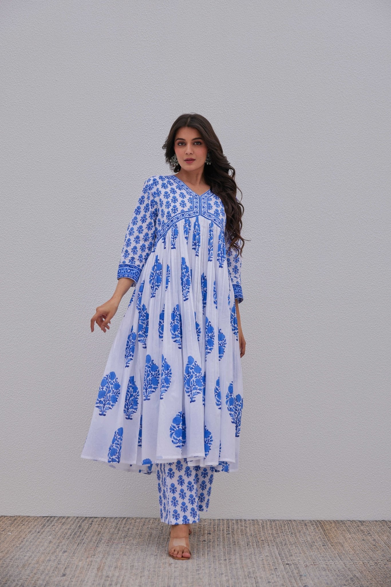 White Blue Hand Block Printed Kurta Set - Tara - C - Tara