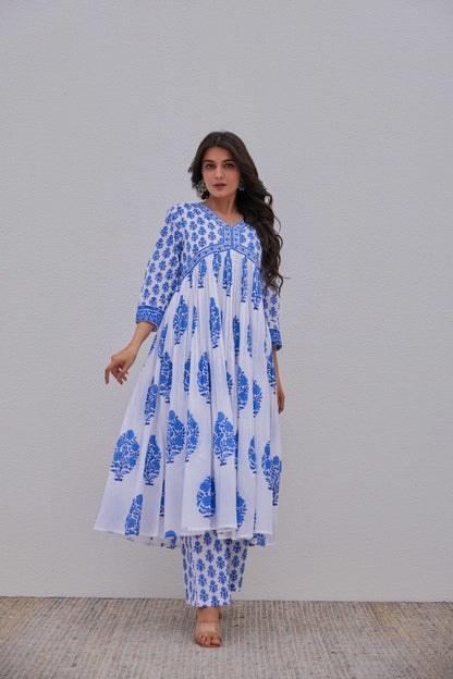 White Blue Hand Block Printed Kurta Set - Tara - C - Tara