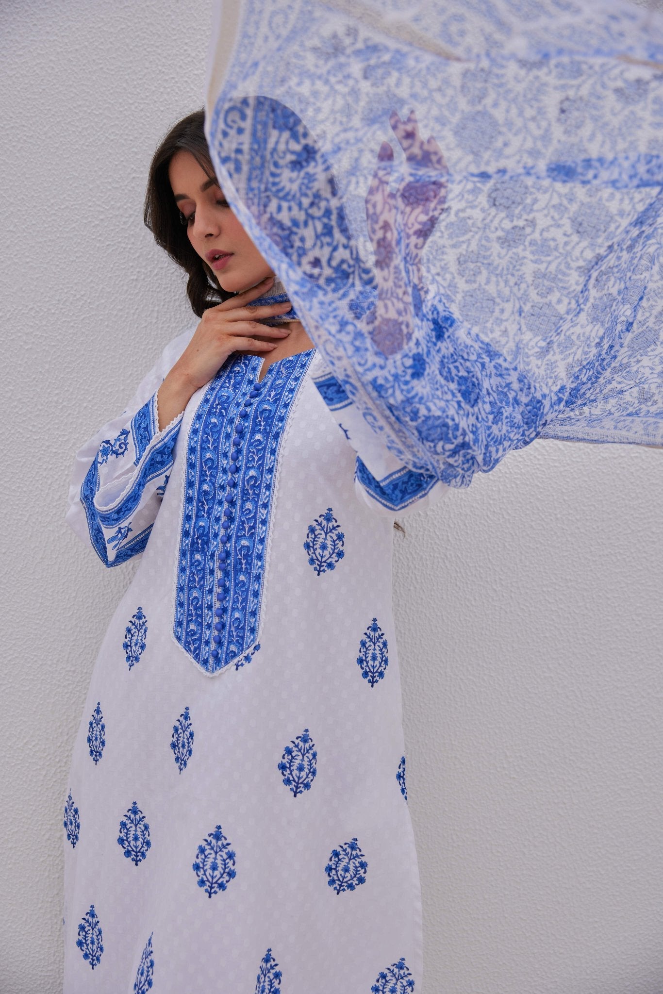 White Blue Hand Block Printed Kurta Set - Tara - C - Tara