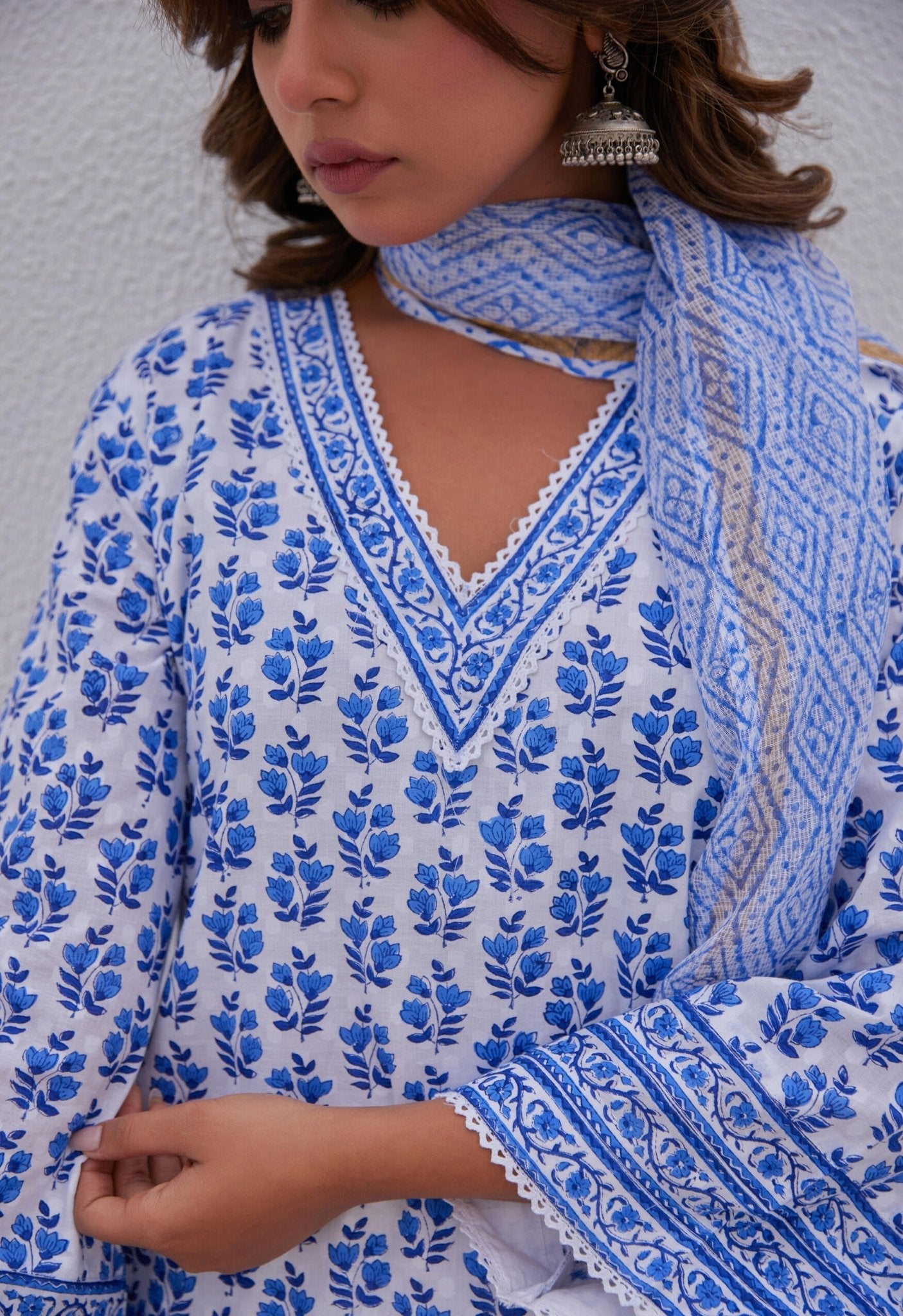 White Blue Hand Block Printed Kurta Set - Tara - C - Tara