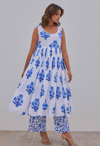 White Blue Hand Block Printed Kurta Set - Tara - C - Tara