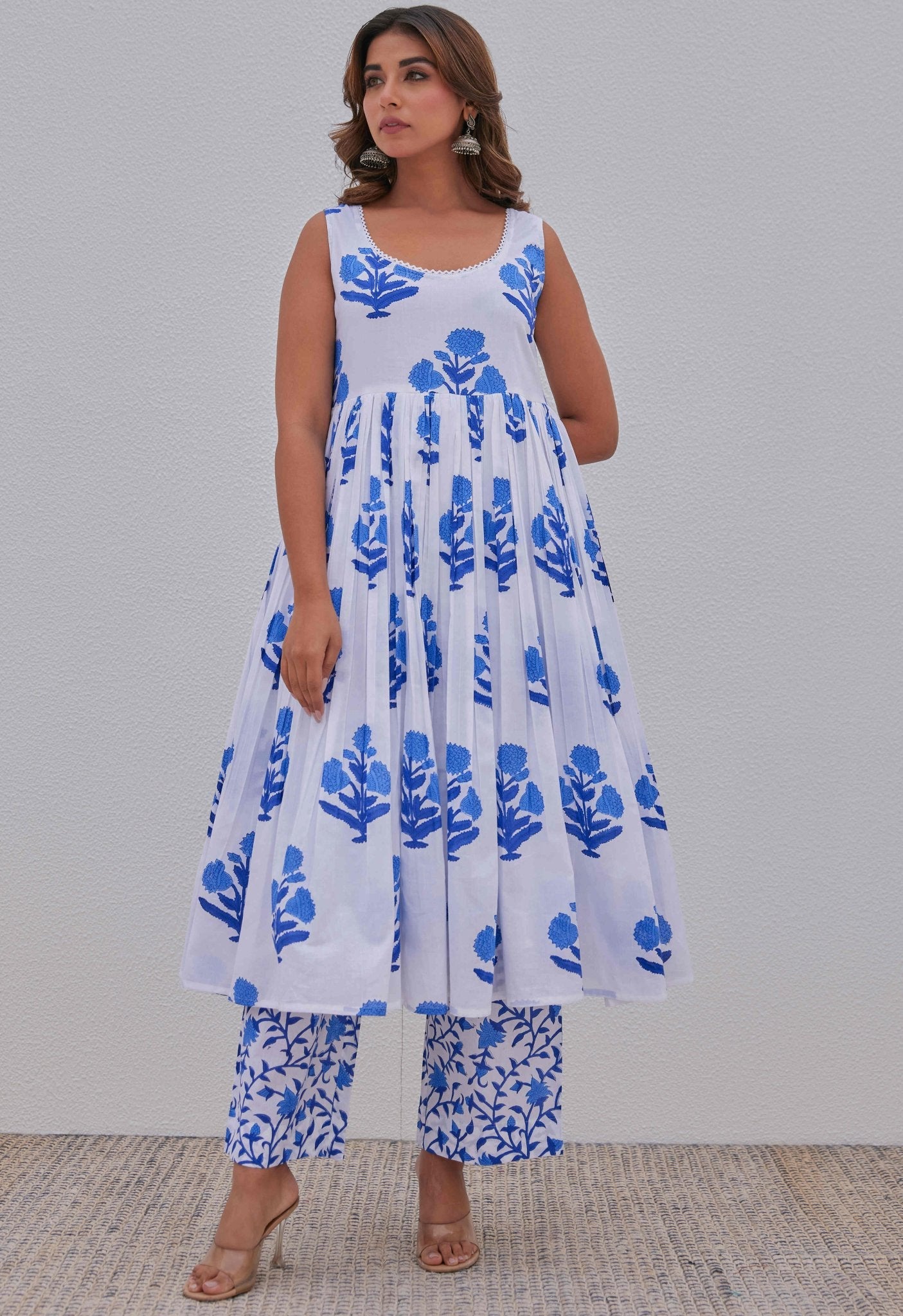 White Blue Hand Block Printed Kurta Set - Tara - C - Tara
