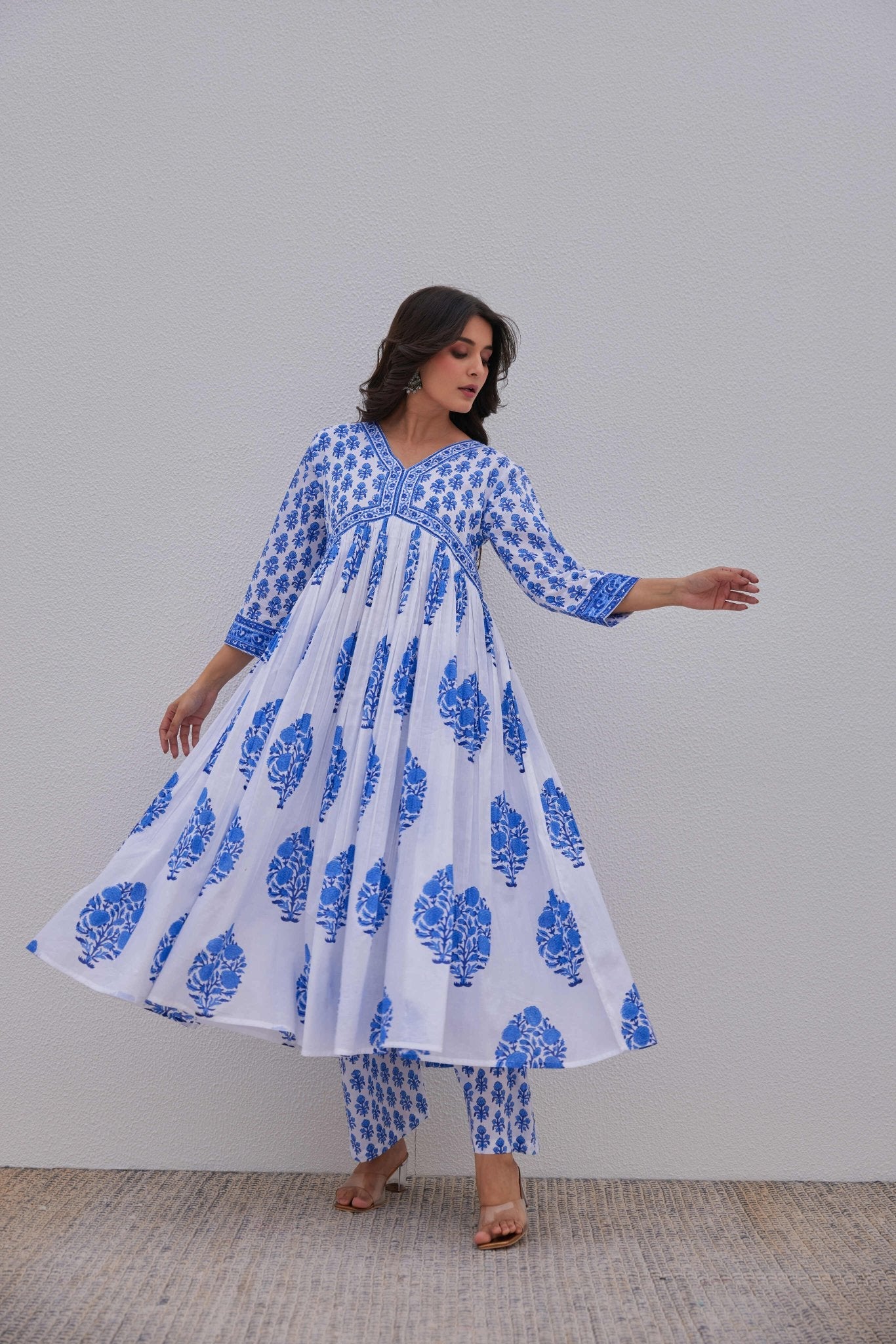 White Blue Hand Block Printed Kurta Set - Tara - C - Tara