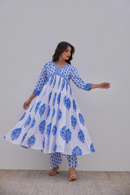 White Blue Hand Block Printed Kurta Set - Tara - C - Tara