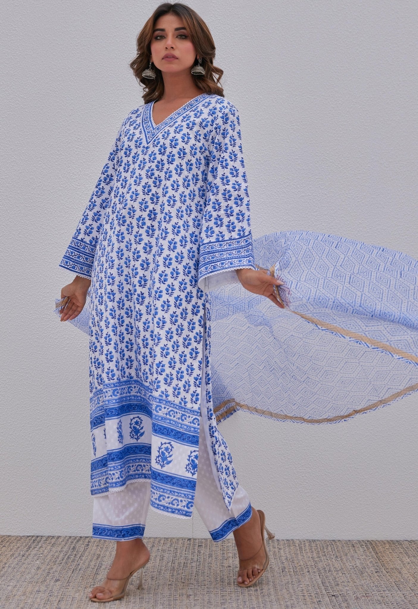 White Blue Hand Block Printed Kurta Set - Tara - C - Tara